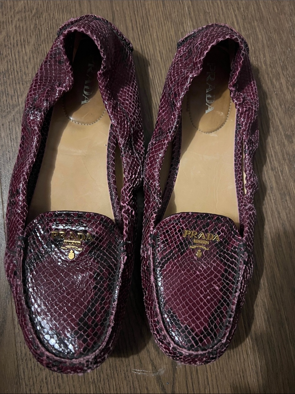 Prada Women’s Burgundy Snakeskin Driving Moccasins - Picture 2 of 7